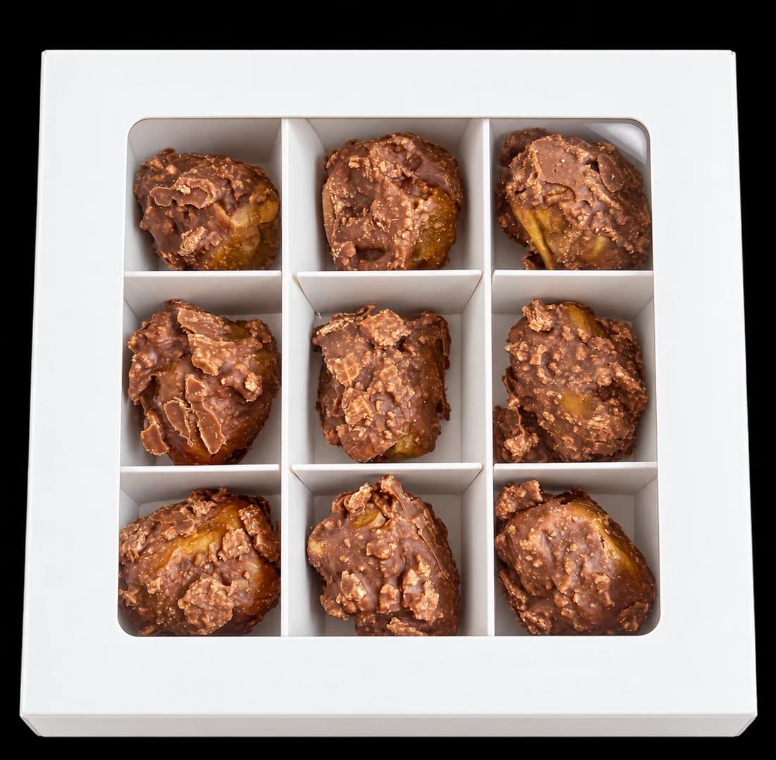 Nine Sukkari KitKat pieces in a windowed card box