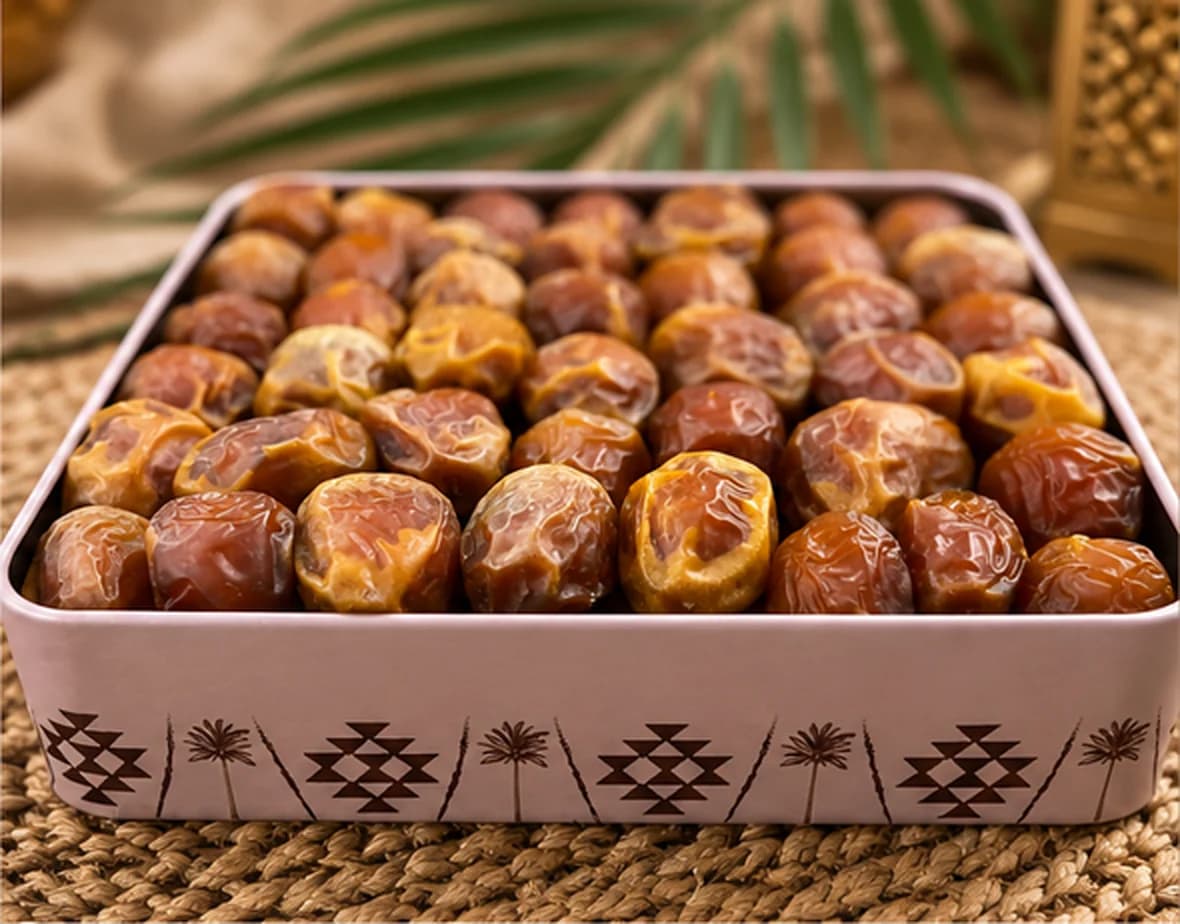 The Galaxy Royal Box, open, the dates in rows, with the pattern of triangles and palms on its side