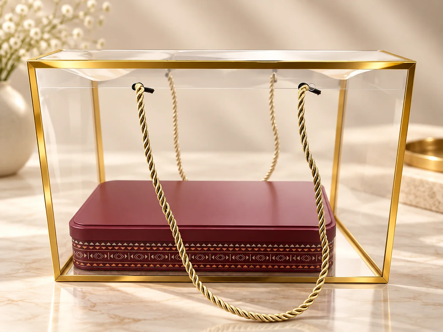 The clear gift bag with the Galaxy Royal Tin inside