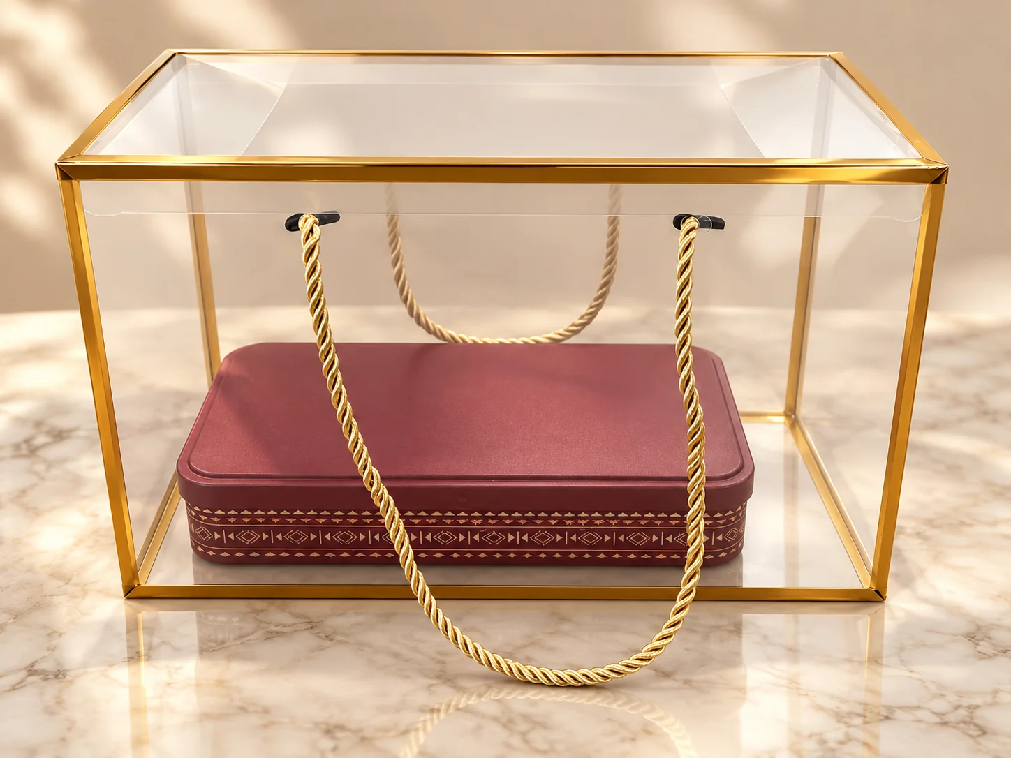 The Galaxy Royal Tin in a clear gift bag with a gold frame and a gold cord