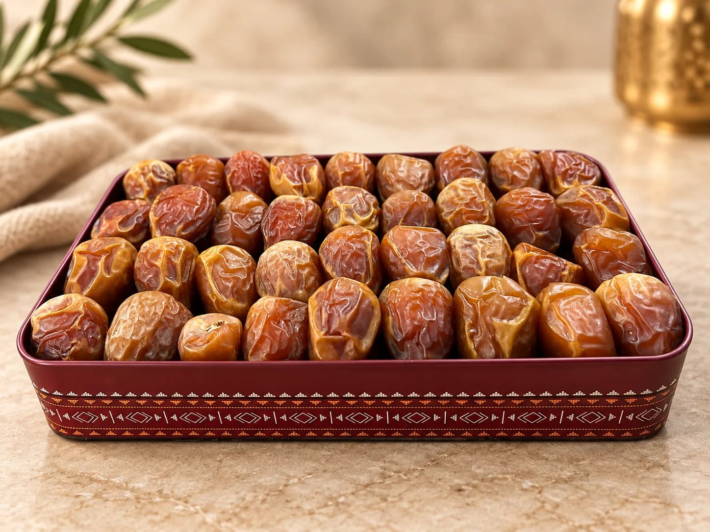 The Galaxy Royal Tin, open, the red dates laid in rows