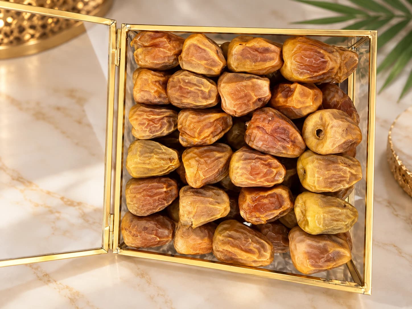صندوق الجود الذهبي مفتوحا على رخام، وسعفة نخل بجانبه